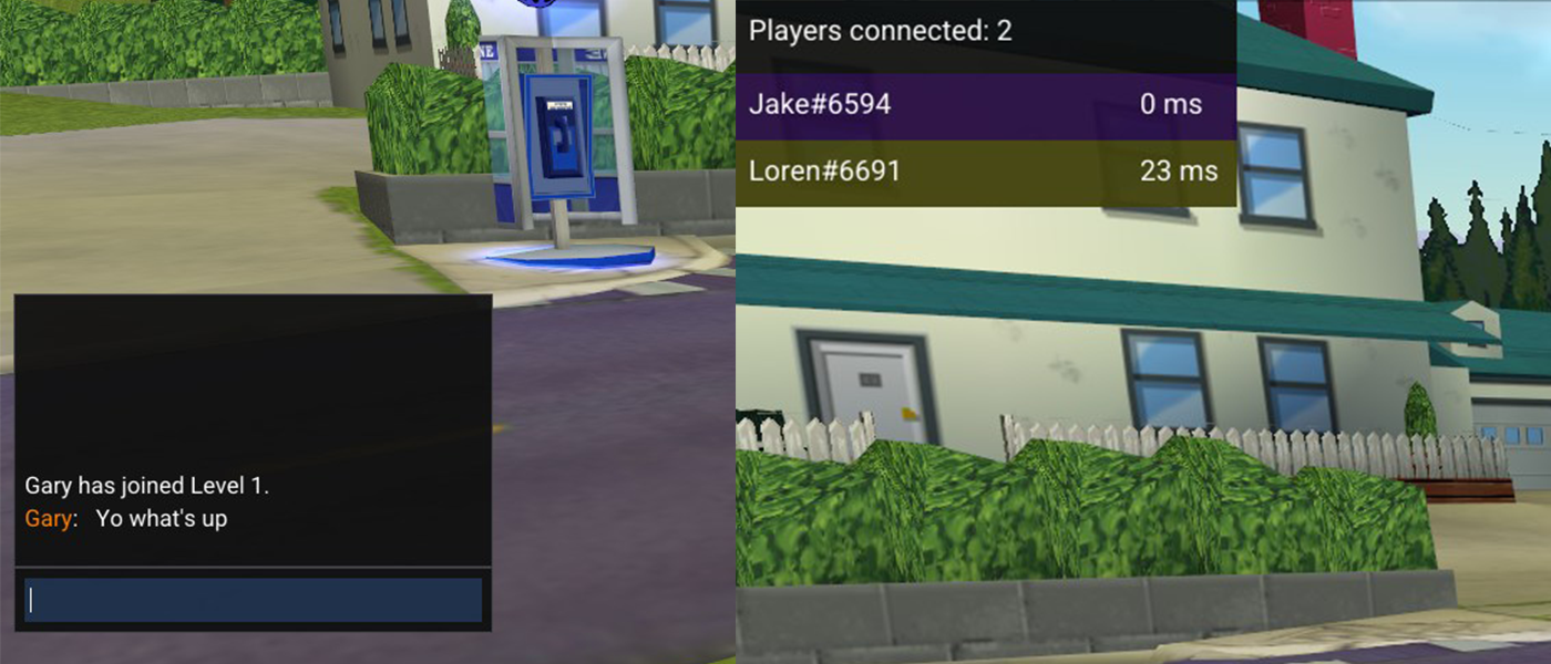 A split screenshot, one showing the new chat functionality, one showing the new player listing