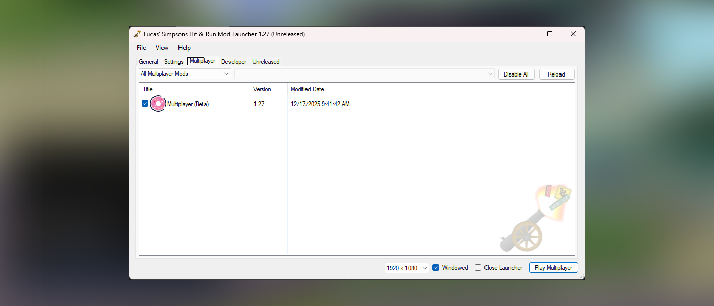 A screenshot of Lucas' Simpsons Hit & Run Mod Launcher 1.27